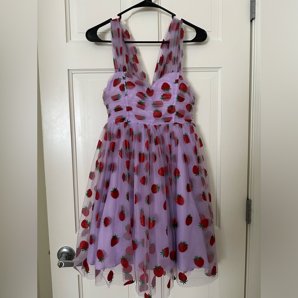 UNIQUE VINTAGE LAVENDER & RED GLITTER STRAWBERRY PRINT BABYDOLL DRESS